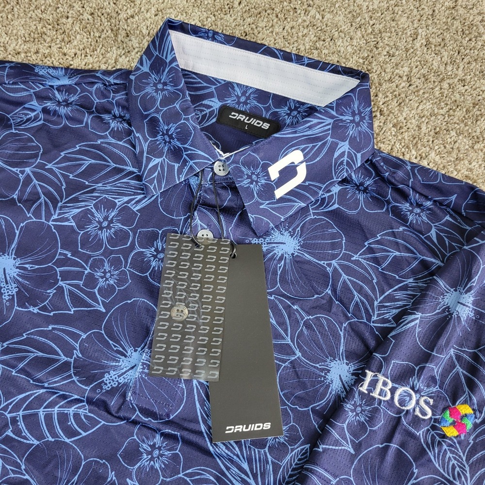 NWT Druids Mens Large Blue AOP Floral Performance Stretch Polo Short Sleeve